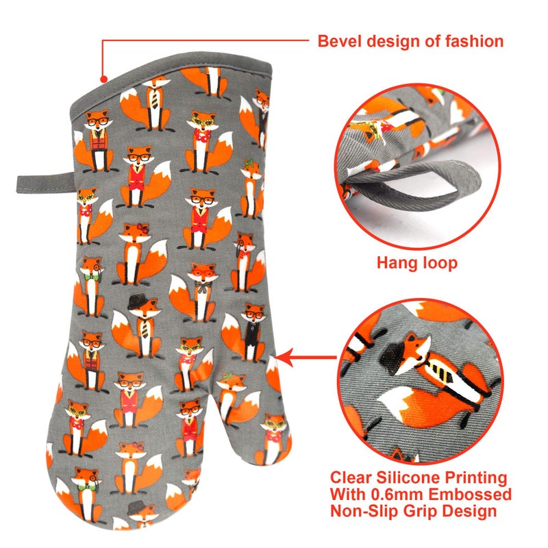 RED LMLDETA Oven Mitts Gloves 1 Pair Heat Resistant 480 â„‰ Non Slip Clear Silicone Printed Fox Comfortable Cotton Lining Kitchen Women Men Cooking Baking Barbecue Machine Washable (Fox, Gray Mittens) - Image 3